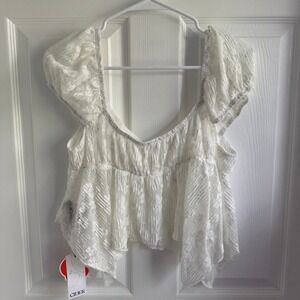 NWT Cider White Floral Lace Puff Sleeve Peplum Crop Top XL